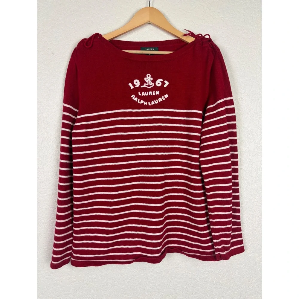 Lauren Ralph Lauren Women Sweater SZ XL Red Striped Nautical 100% Cotton Coastal - Picture 3 of 10